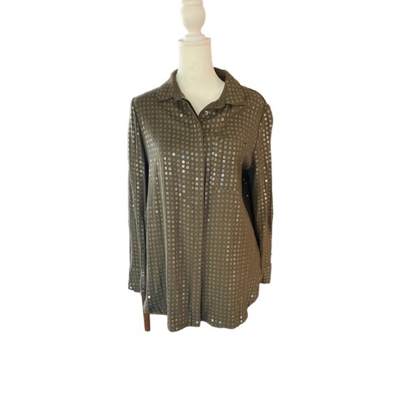ANTHROPOLOGIE MAEVE Sequin Button down Shirt OLIVE Green Size SMALL - Picture 7 of 7